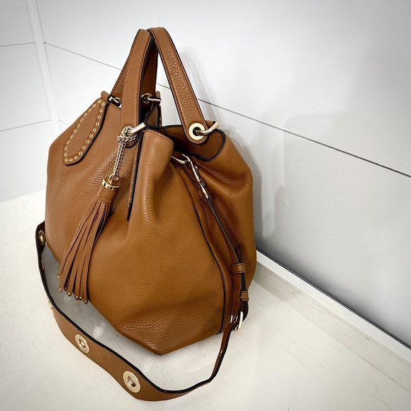 Michael Kors Brooklyn Leather Tassel Grommet Satchel Tote Bag Purse in Acorn - Picture 6 of 16